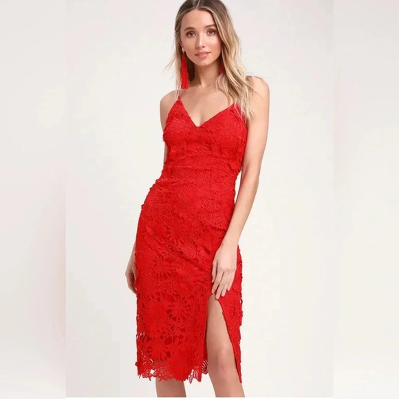 Lulu’s Steal Your Heart Red Crochet Lace Midi Dress - Picture 1 of 9